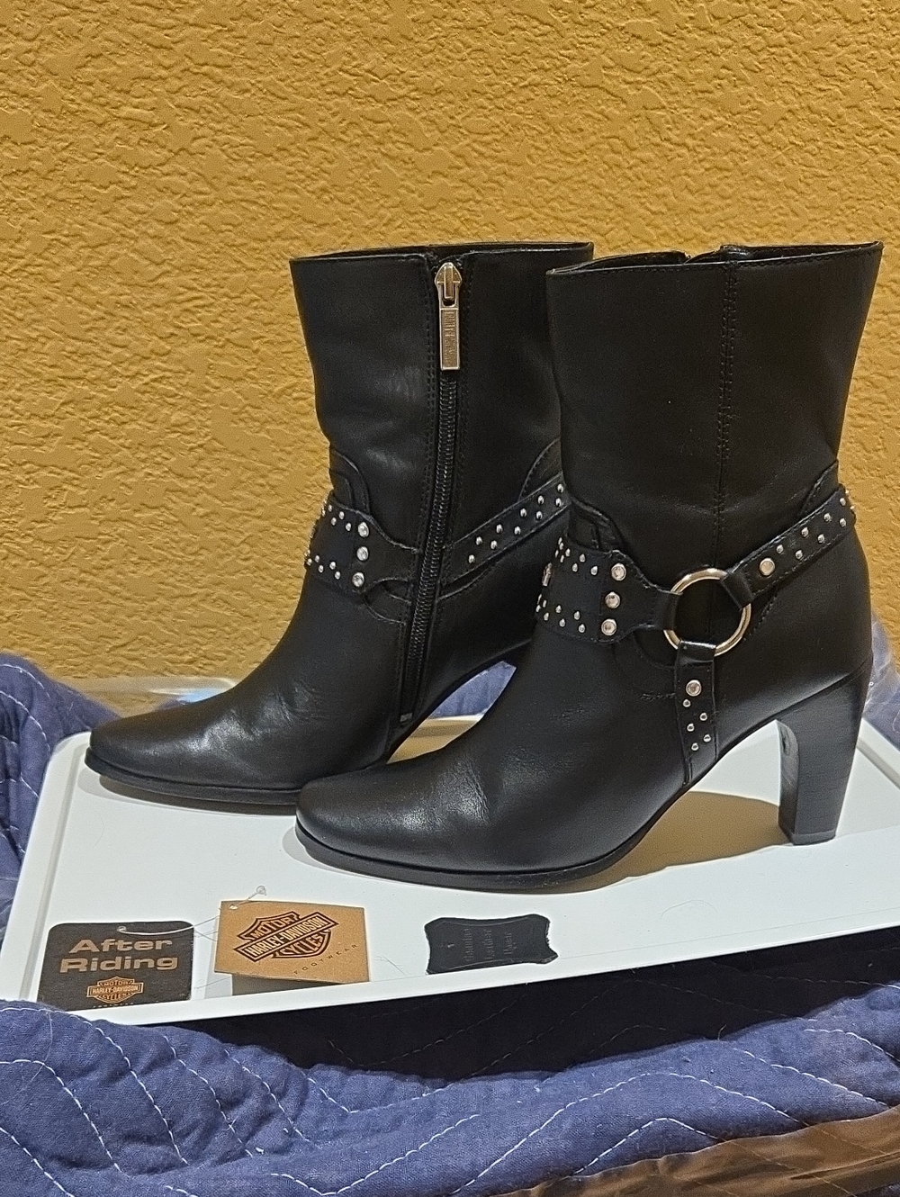 Harley Davidson Black Studded Mid-Calf Leather Heel Boots - Women 6.5